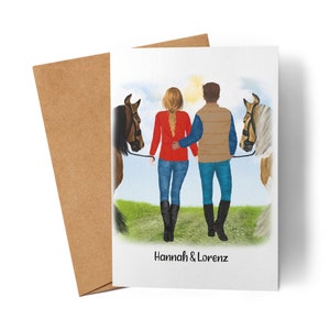 Cavalier et cavalier carte personnalisée couple cheval poney cheval amoureux propriétaire de cheval carte de vœux motif cheval couple carte d’anniversaire
