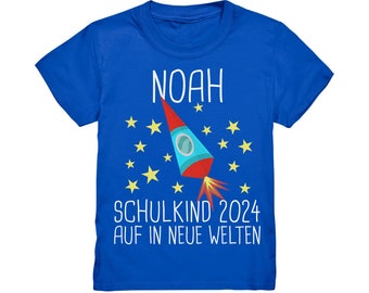 Einschulung  2024 T-Shirt Schulanfänger Rakete Weltall Geschenk Shirt Outfit Name Personalisiert Wunschname Schulkind Jungs Geschenkidee