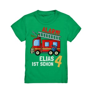 Feuerwehr Geburtstagsshirt 3. 4. 5. 6. 7. 8. Geburtstag Jungen T-Shirt mit Namen Personalisiert Auto Feuerwehrauto Motto Kindergeburtstag Kelly Grün