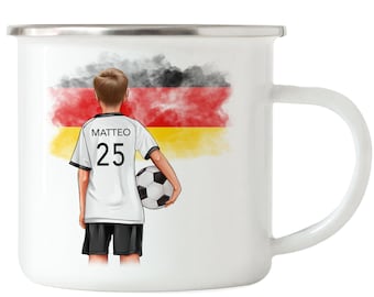 Fussball Emaille Tasse Personalisiert WM Weltmeisterschaft Namen Fußball Becher Fanartikel Kinder Jungs Mädchen Fussballtasse Fußballfan