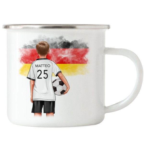 Fussball Emaille Tasse Personalisiert WM Weltmeisterschaft Namen Fußball Becher Fanartikel Kinder Jungs Mädchen Fussballtasse Fußballfan