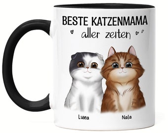 May include: White ceramic mug with a black rim and handle. The mug features a black and white cat named Luna and a brown tabby cat named Nala. The text on the mug reads "Beste Katzenmama aller Zeiten" with hearts on either side of the text.