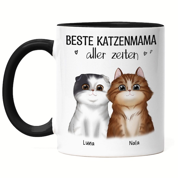 Tazza per proprietario di gatto, regalo personalizzato nero, mamma gatto, amante dei gatti, motivo con nome, amante dei gatti, animale domestico 2 gatti