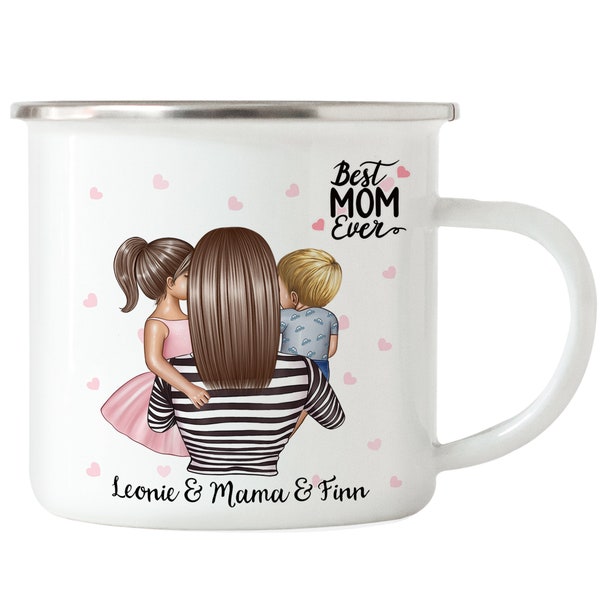 Mutter & Kind Emaille-Tasse Personalisiert mit Namen Muttertag Sohn Tochter Baby Geburtstag Geschenk beste Mama Oma Individuelle Tasse