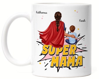Super Mama Personalisierte Tasse zum Muttertag Geschenk für Mama Mutter Geburtstag Muttertag mit Sohn Tochter Baby