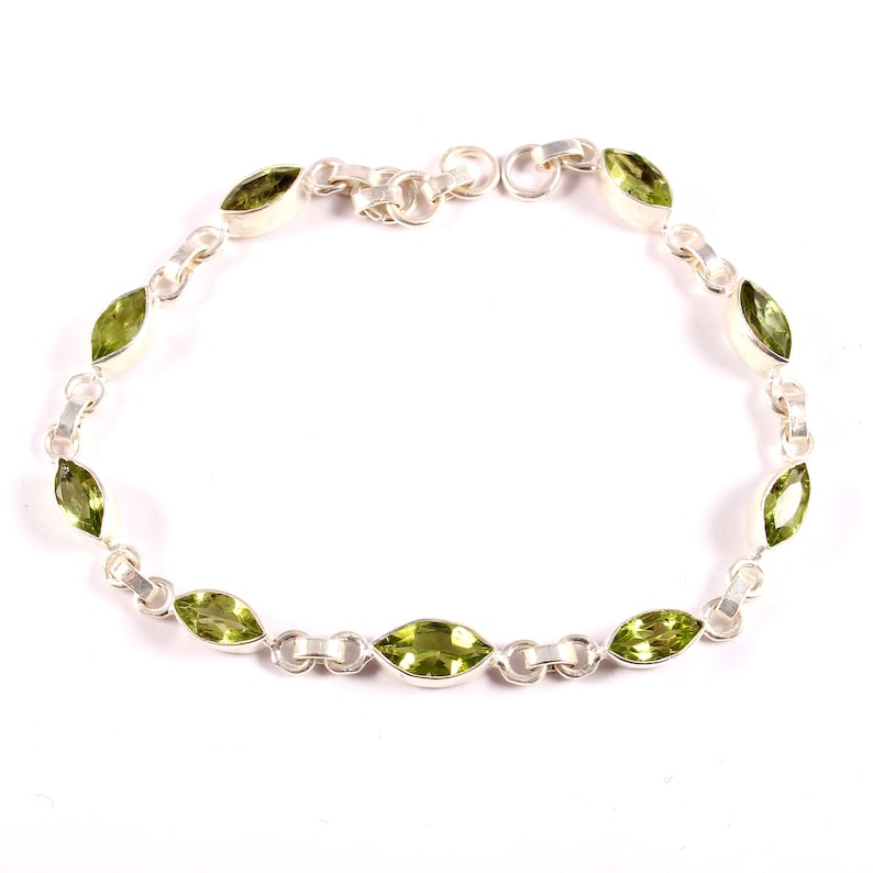Marquise Faceted Green Peridot Silver Jewelry 925 sterling silver Chain /& Link Silver Bracelet Natural Green Peridot Silver Bracelet