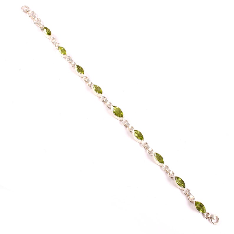 Marquise Faceted Green Peridot Silver Jewelry 925 sterling silver Chain /& Link Silver Bracelet Natural Green Peridot Silver Bracelet