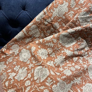 Salmon Pink Floral Kantha Quilt: Queen Size Cotton Bedspread