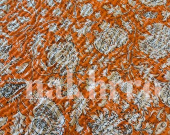 Neon Orange Floral Print Bestseller Kantha Quilt Queen Pure Cotton Throw Blanket Kantha Bedspread Coverlet Bed Cover Boho