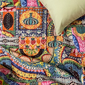 Bohemian Multicolour Kantha Quilt Queen Pure Cotton Kantha Throw Blanket Bedspread Coverlet Kantha Bed Cover Boho Quilt
