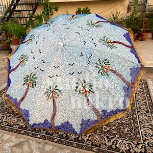 Palm Tree Embroidered Colourful Garden Umbrella Patio Parasol Hand Embroidery Outdoor Decor Traditional Design Artisan Crafted Indian
