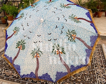 Palm Tree Embroidered Garden Umbrella: Hand-Stitched Indian Parasol