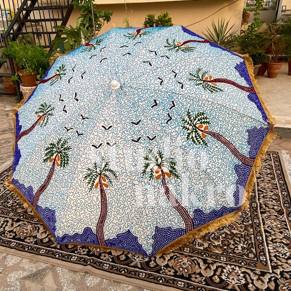 Palm Tree Embroidered Colourful Garden Umbrella Patio Parasol Hand Embroidery Outdoor Decor Traditional Design Artisan Crafted Indian