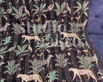 Black Cheetah Jungle Kantha Quilt: Queen Size Cotton Bedspread