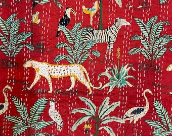 Red Cheetah Jungle Print Kantha Quilt: Queen Cotton Bedspread