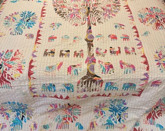 Tree of Life Appliqué Quilt Throw 90x60 | Hand Stitched Kantha Textile Art | Boho Animal Motif Wall Hanging | Artisan Cotton Quilt