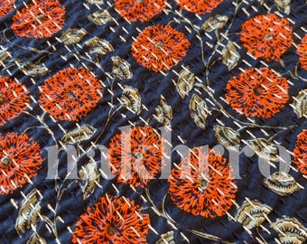 Indigo Red Floral Print Bestseller Kantha Quilt Queen Pure Cotton Throw Blanket Kantha Bedspread Coverlet Bed Cover Boho