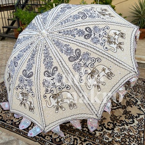B&W Minimal Boho Colourful Garden Patio Parasol Hand Embroidery Outdoor Decor Traditional Design Artisan Crafted Colourful  Vintage