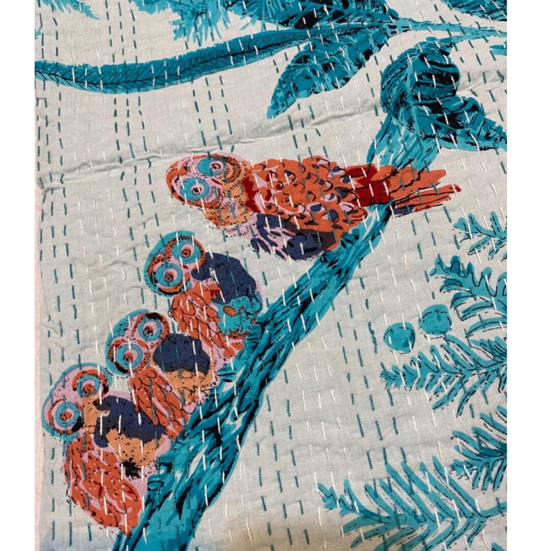 Couverture Indienne Kantha - Motif Chouette, Coton Matelassé, 127x178 Cm - Neuf Avec étiquettes