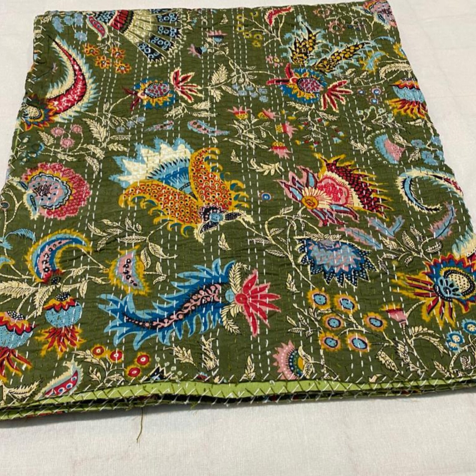 Olive Green Wildflower Quilt Queen Pure Cotton Kantha Throw Etsy