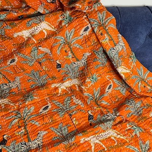 Hot Orange Gepard Dschungel Druck Kantha Quilt Queen Reine Baumwolle Kantha Überwurf Decke Kantha Tagesdecke Überwurf Kantha Bettbezug Boho Quilt