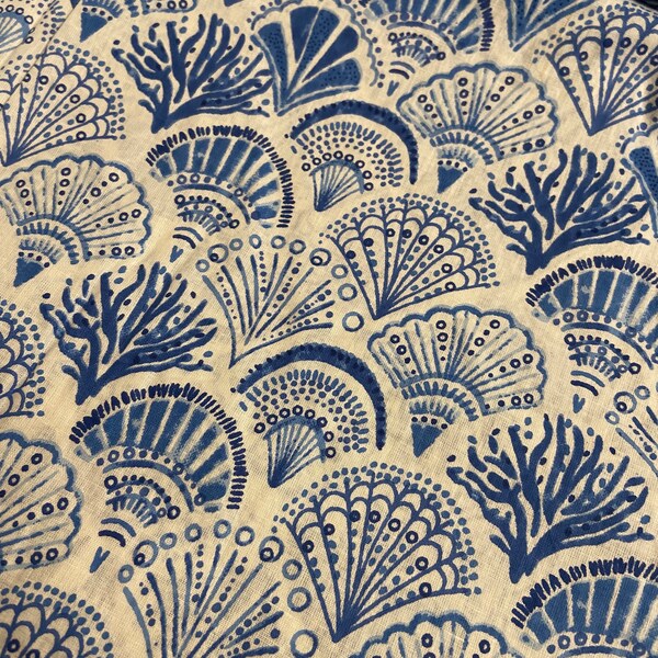 Handblok blauw witte zeeschelpen 100% katoen op maat gesneden, dameskleding, stoffering, kussen, gordijn, bloemenprint, jurk
