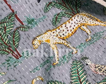 Grey Cheetah Jungle Kantha Quilt: Hand-Stitched Cotton Bedspread