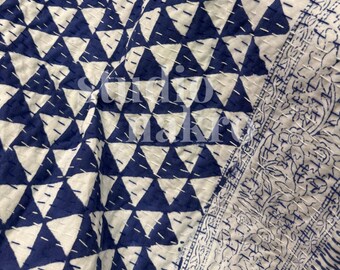 Handmade Indigo Kantha Quilt | Triangle Pattern Cotton Throw | Navy Blue White Kantha Bedding | Hand Block Printed Quilt | Studio Nakro