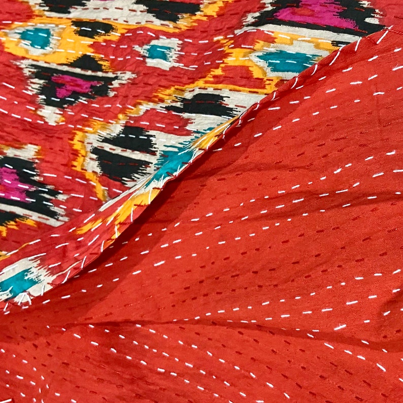 Ikat Print Kantha Quilt Queen Pure Cotton Kantha Throw Blanket Etsy