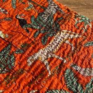 Hot Orange Jungle Print Kantha Quilt Queen Pure Cotton Kantha Throw Blanket Kantha Bedspread Coverlet Kantha Bed Cover Boho Quilt