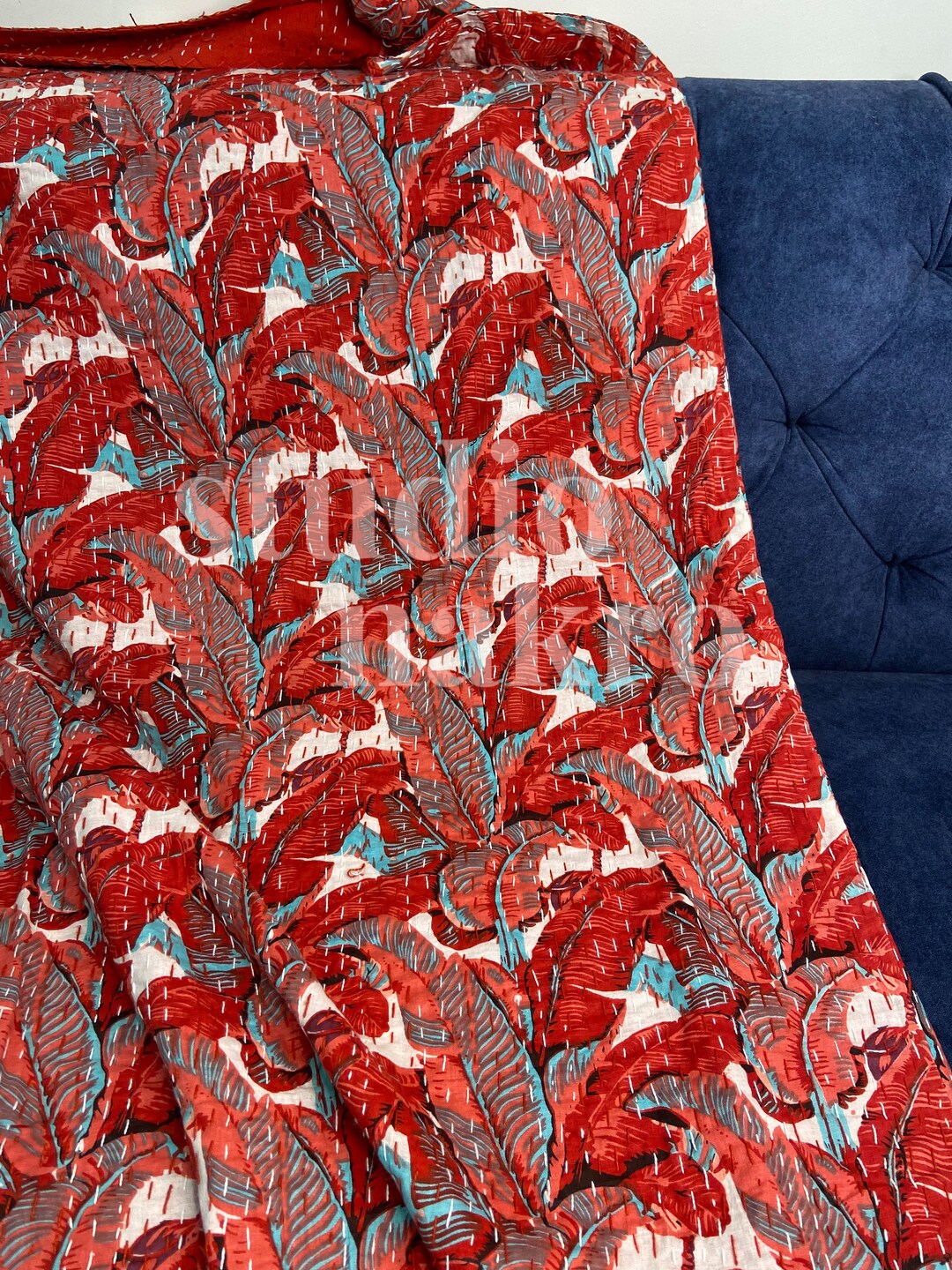 Red Bright Banana Leaf Quilt Queen Pure Cotton Kantha Throw Etsy