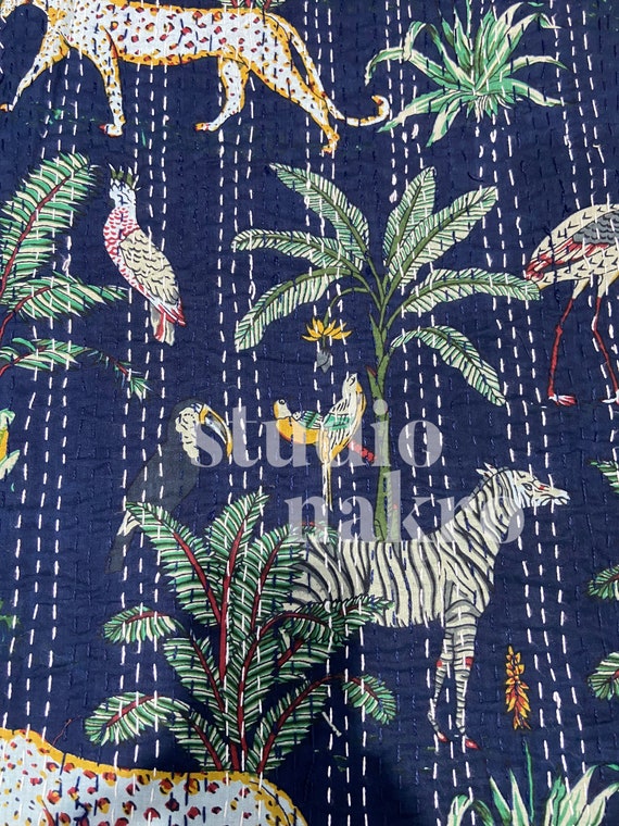 Navy Blue Jungle Cheetah Kids Kantha Quilt Queen Pure Cotton Kantha Throw  Blanket Kantha Bedspread Coverlet Kantha Bed Cover Boho Quilt