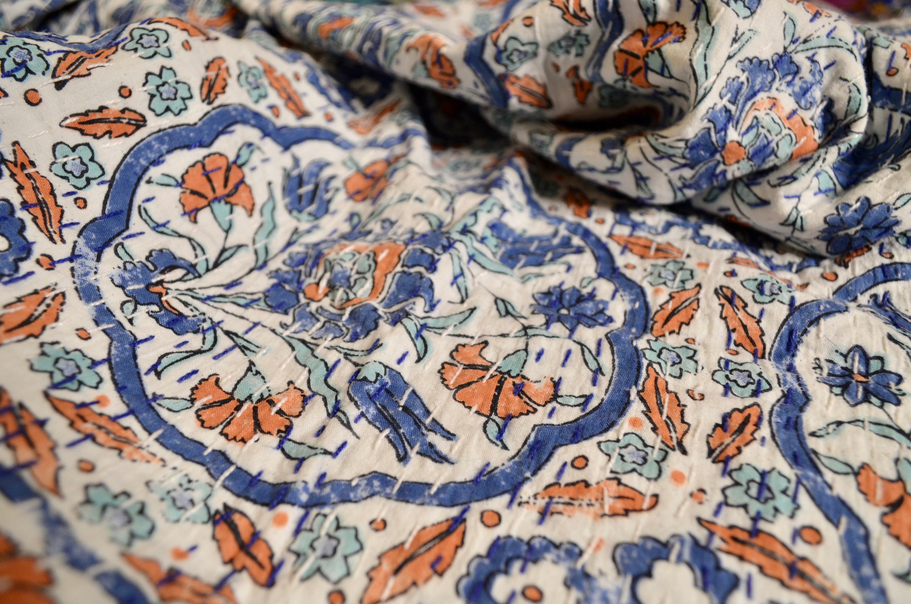 Blue Orange Turkish Tile Print Kantha Quilt Queen Pure Cotton - Etsy