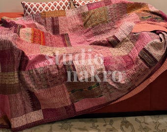 Silk Kantha Quilt Hand-Stitched Salmon Pink Vintage Sari Blanket Handmade Queen Bedspread | Boho Indian Throw | One-of-a-Kind Home Gift