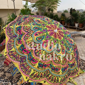 Yellow Colour Boho Garden Patio Parasol Hand Embroidery Outdoor Decor Traditional Design Artisan Crafted Colourful Indian Inspired Vintage