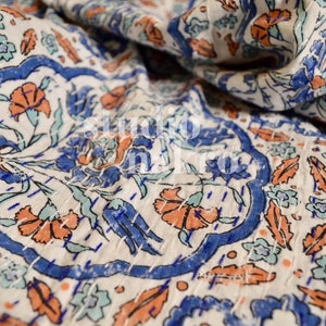 Blue Orange Turkish Tile Print Kantha Quilt Queen Pure Cotton Kantha Throw Blanket Kantha Bedspread Coverlet Kantha Bed Cover Boho