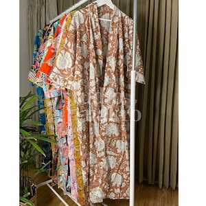 Mud Colour Minimal Floral Summer Print beach kimono robe - Kimono cover up