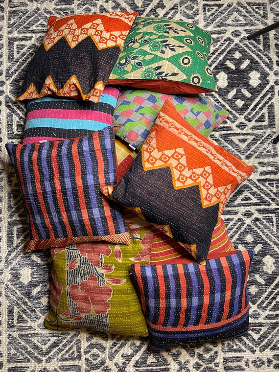ヴィンテージ手刺繍カンタ刺繍クッションカバー ヴィンテージカンタ