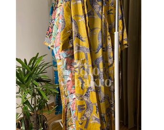 Flying Cats Mustard Print beach kimono robe - Kimono cover up