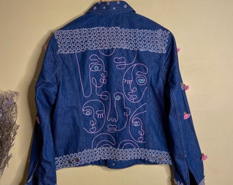 Abstract Face Denim Jacket