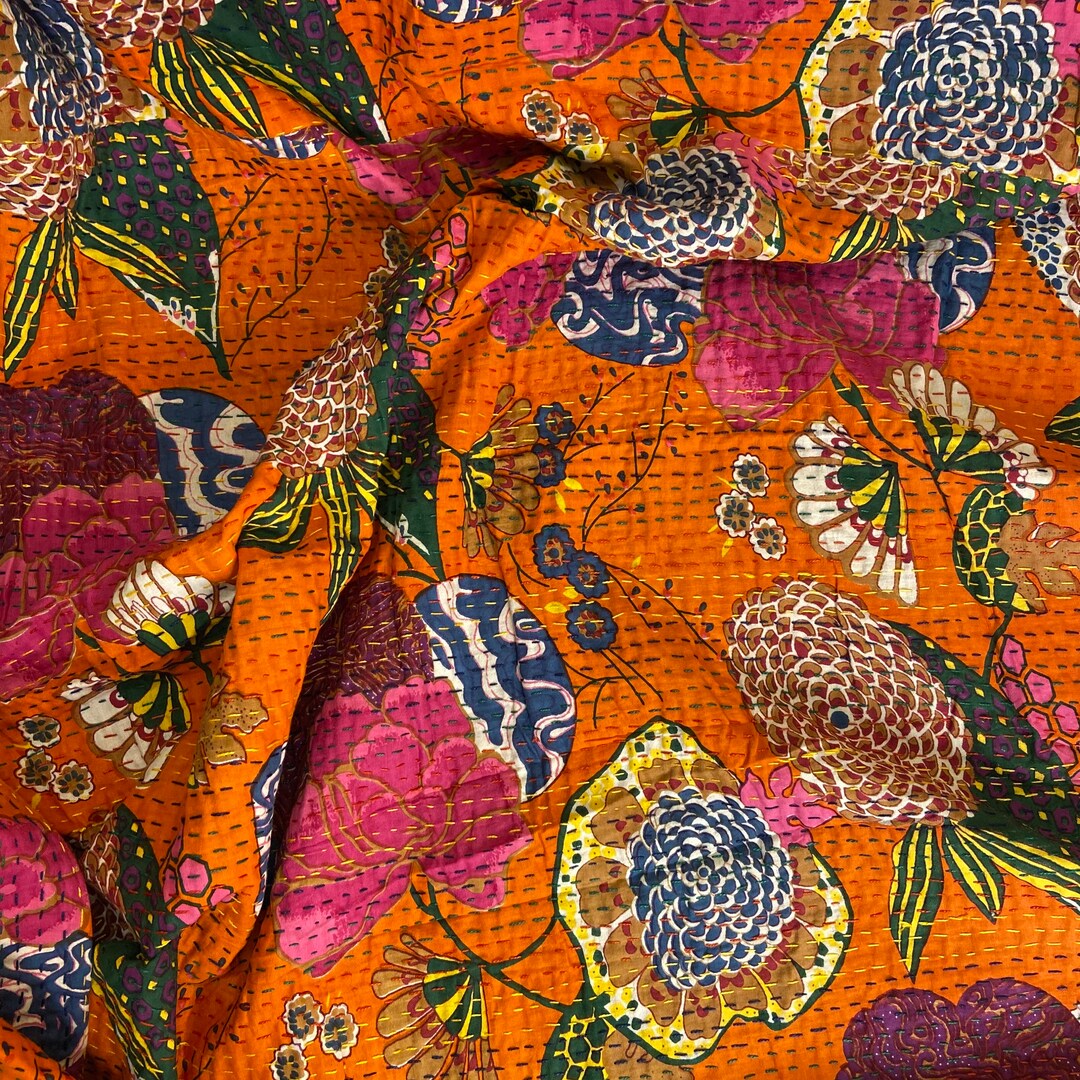 Burnt Orange Tropical Floral Kantha Quilt Queen Pure Cotton Kantha ...