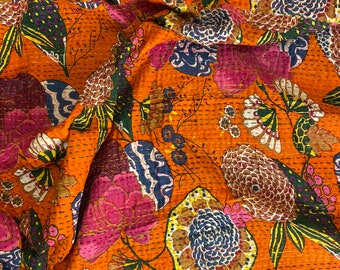 Burnt Orange Vibrant Fruit Floral Print Kantha Quilt Queen Pure Cotton Kantha Throw Blanket Bedspread Coverlet Kantha Bed Cover Boho Quilt