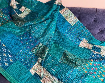 Turquoise Blue Silk Vintage Patchwork Kantha Quilt Queen Silk Kantha Throw Blanket Kantha Bedspread Coverlet Kantha Bed Cover Boho Quilt