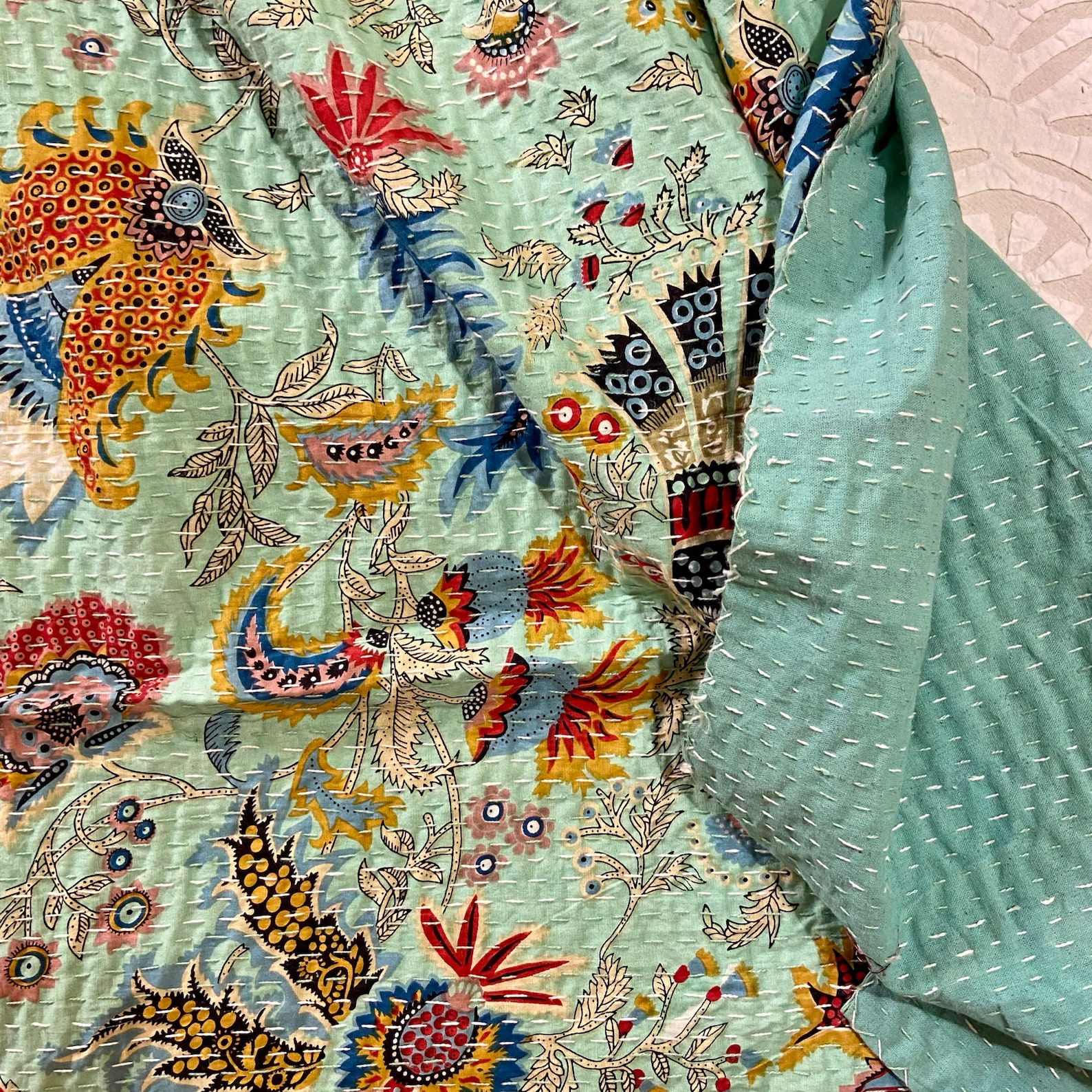 Mint Green Wild Bloom Print Kantha Quilt Queen Pure Cotton Etsy