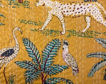 Mustard Yellow Jungle Kantha Quilt Queen Pure Cotton Kantha Throw Blanket Kantha Bedspread Coverlet Kantha Bed Cover Boho Quilt
