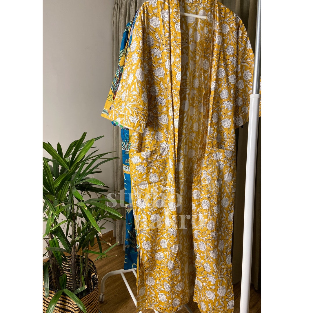Mustard Yellow Robe Yellow Mustard Floral Print Beach Kimono Robe - Kimono Cover Up - Etsy
