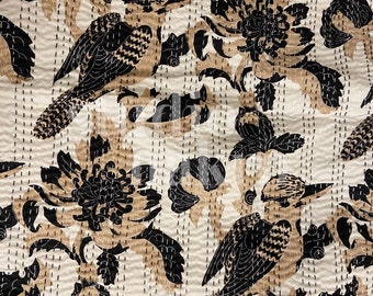 Beige Crow Kantha Quilt: Queen Size Boho Bedspread