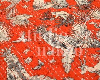 Red Tiger Jungle Print Kantha Quilt: Queen Boho Cotton Bedspread