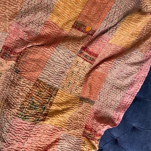 Salmon Peach Kantha Quilt Queen: Vintage Hand-Stitched Boho Bedspread