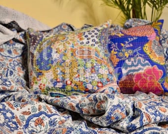 Blue Orange Turkish Tile Floral Print Bestseller Kantha Quilt Queen Pure Cotton Throw Blanket Kantha Bedspread Coverlet Bed Cover Boho